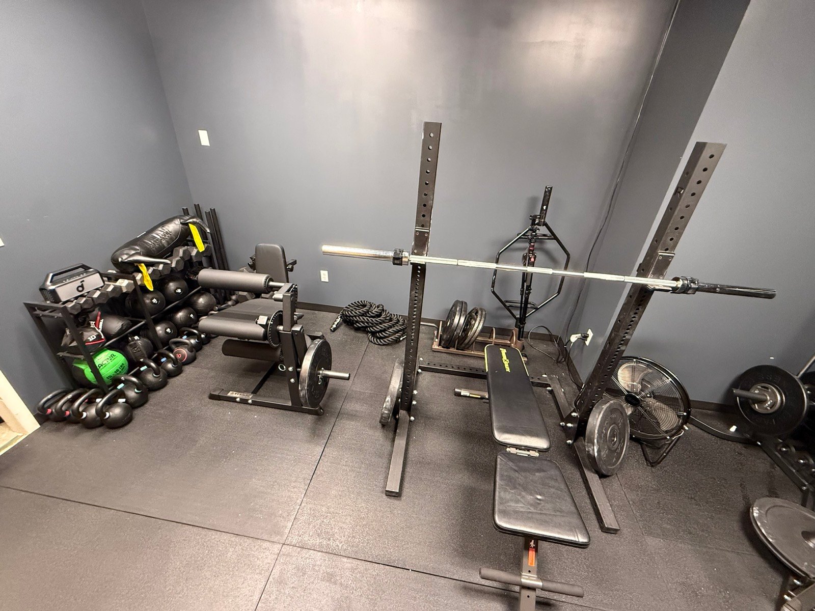 Barbells, benches, kettlebells, dumbbells, and strength equipment in the Rolling Bear BJJ weight room