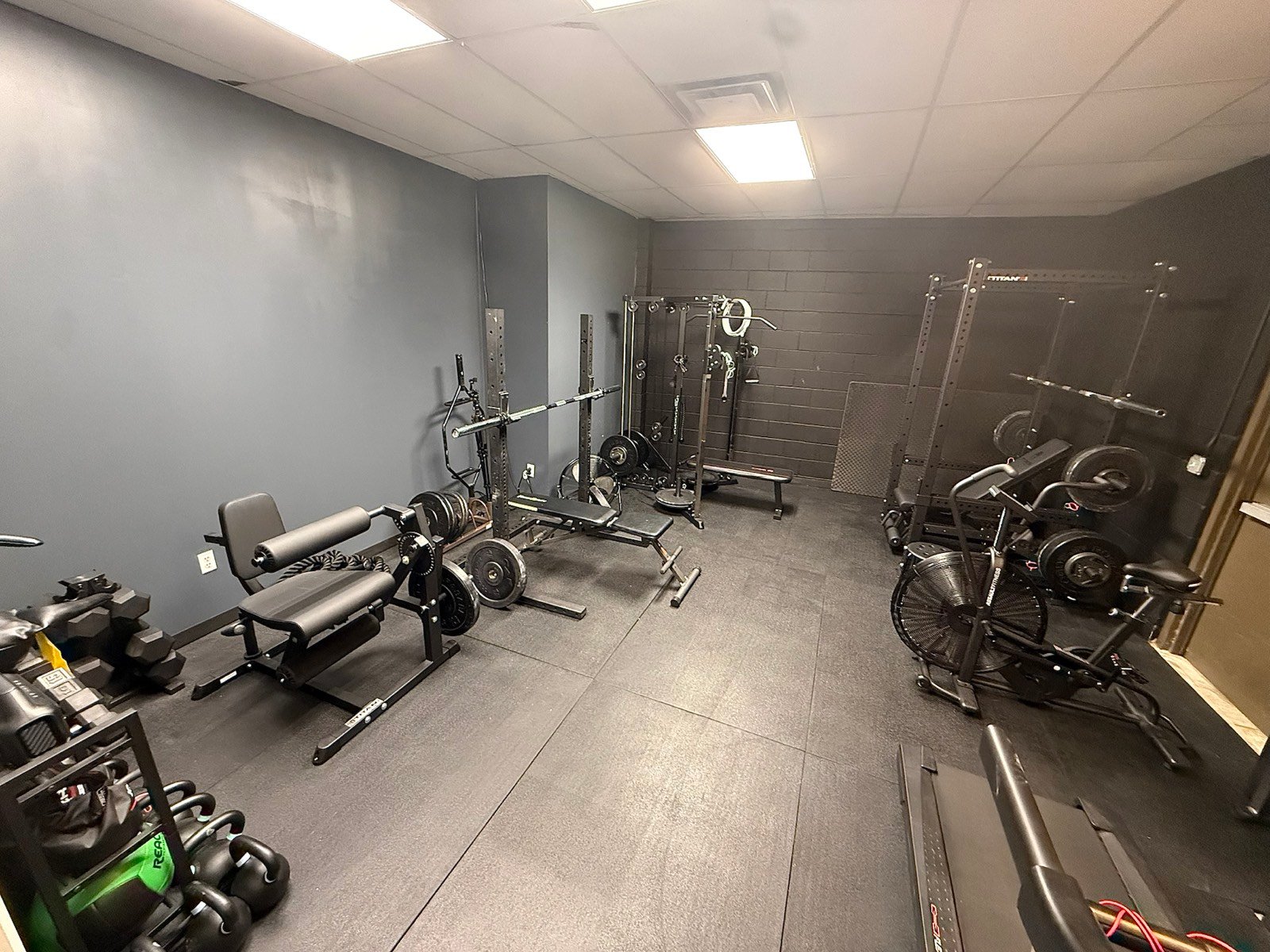 Rolling Bear BJJ member weight room with racks, free weights, cable equipment, and cardio machines
